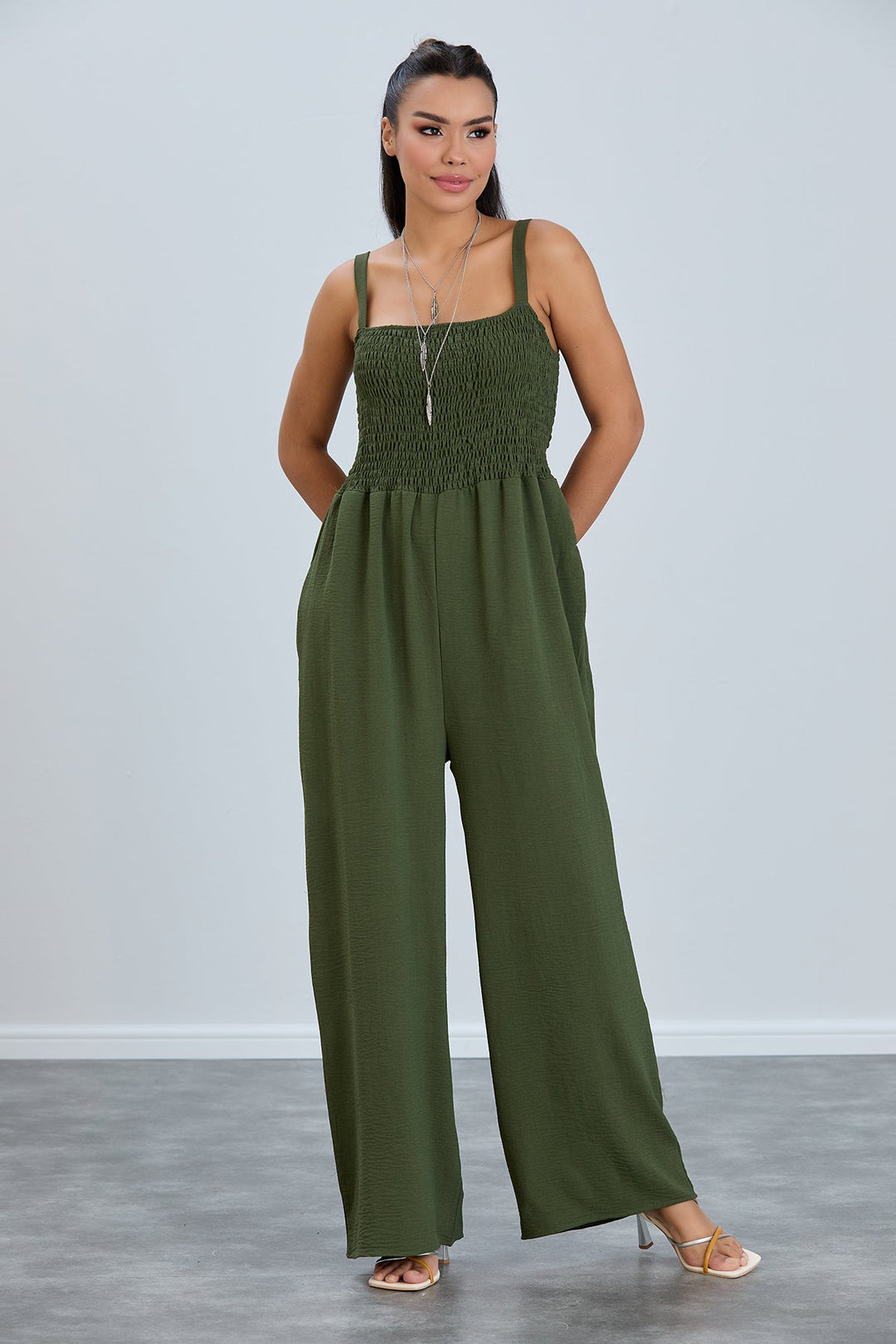 Elasticated Wide Leg Cami Jumpsuit in Khaki - jqwholesale.com