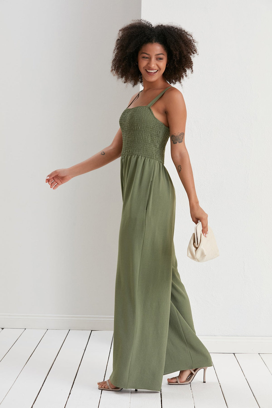 Elasticated Wide Leg Cami Jumpsuit in Khaki - jqwholesale.com