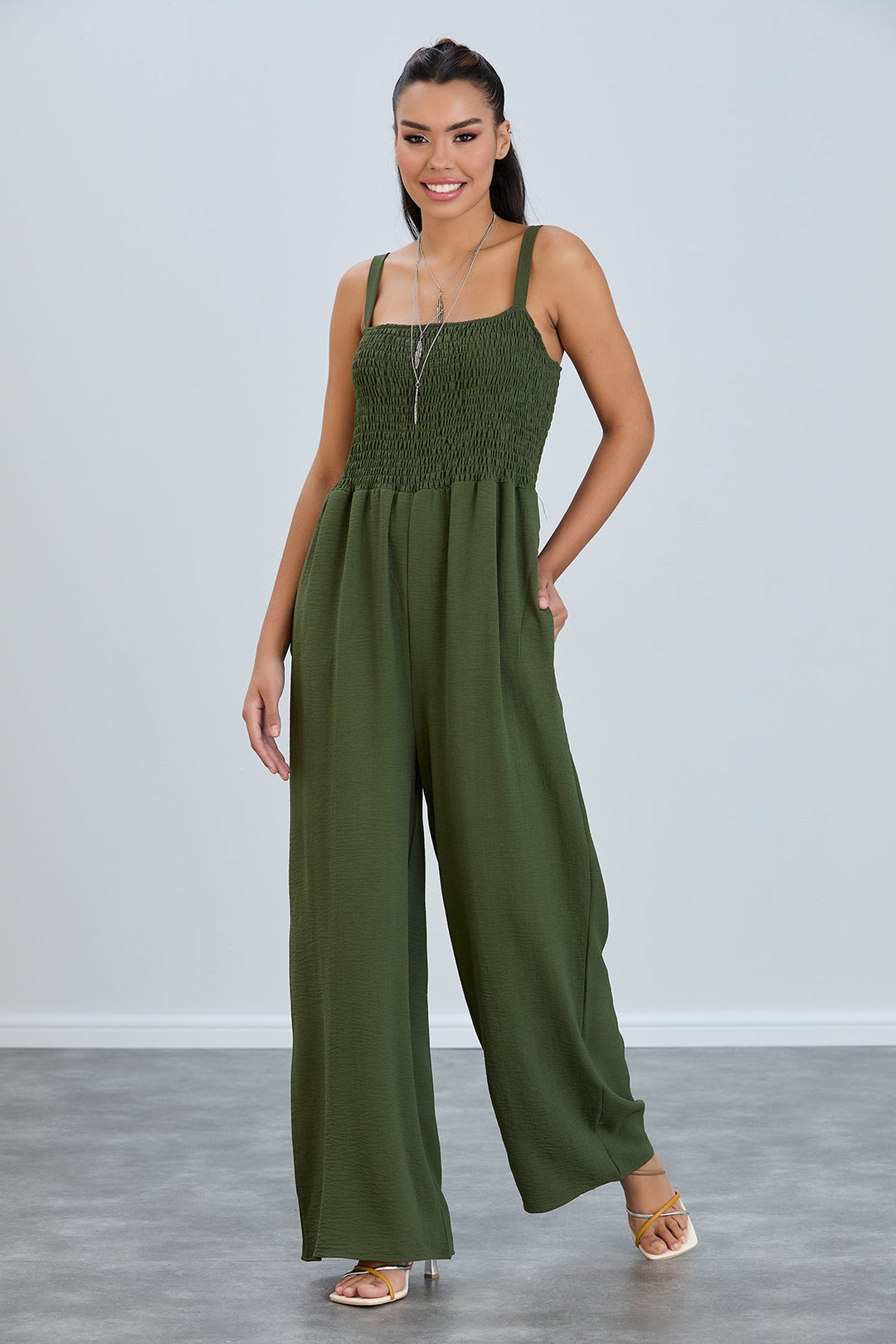 Elasticated Wide Leg Cami Jumpsuit in Khaki - jqwholesale.com