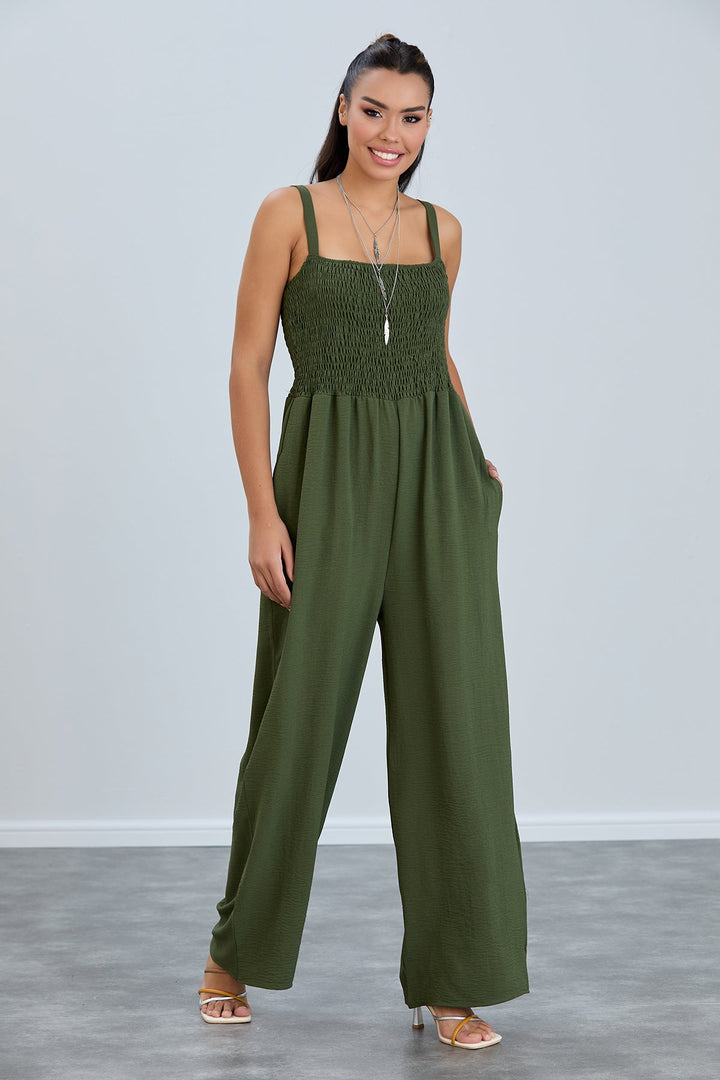 Elasticated Wide Leg Cami Jumpsuit in Khaki - jqwholesale.com