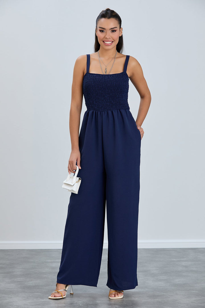 Elasticated Wide Leg Cami Jumpsuit in Navy Blue - jqwholesale.com