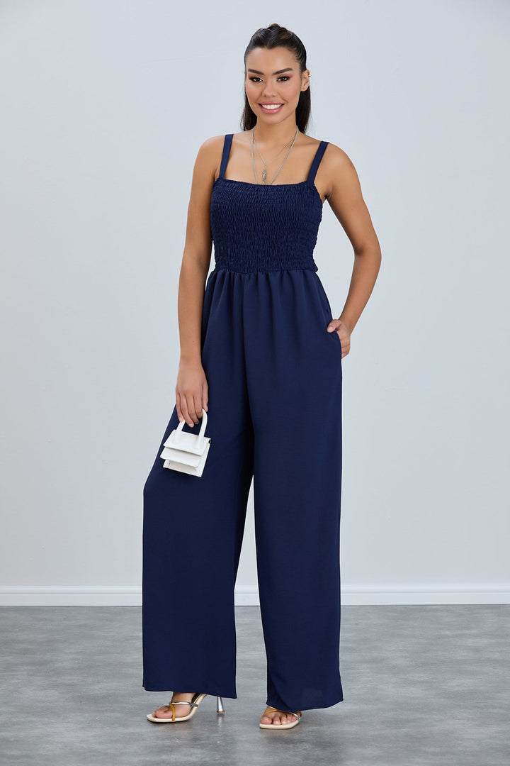 Elasticated Wide Leg Cami Jumpsuit in Navy Blue - jqwholesale.com