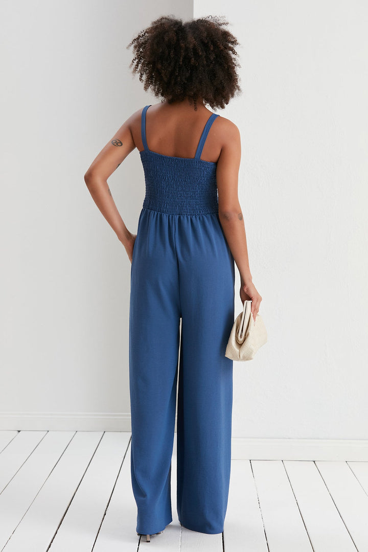 Elasticated Wide Leg Cami Jumpsuit in Navy Blue - jqwholesale.com