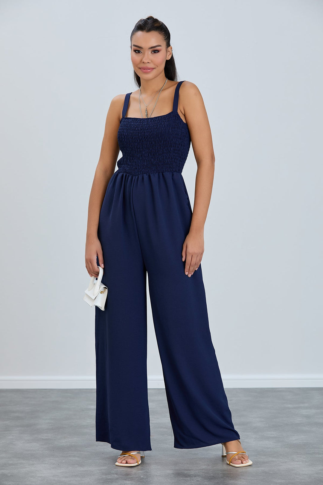 Elasticated Wide Leg Cami Jumpsuit in Navy Blue - jqwholesale.com