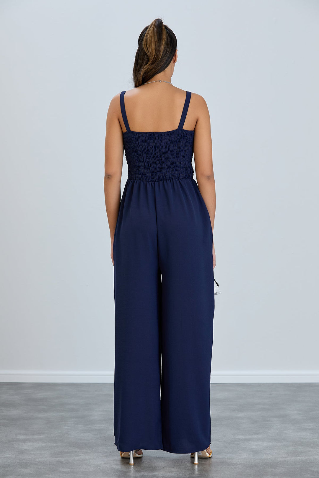 Elasticated Wide Leg Cami Jumpsuit in Navy Blue - jqwholesale.com