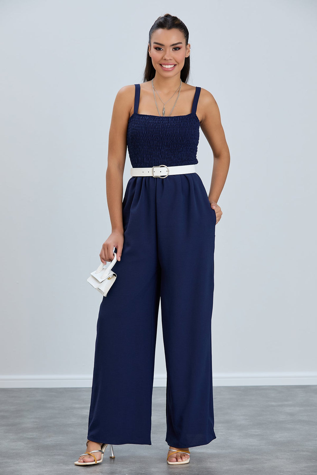 Elasticated Wide Leg Cami Jumpsuit in Navy Blue - jqwholesale.com