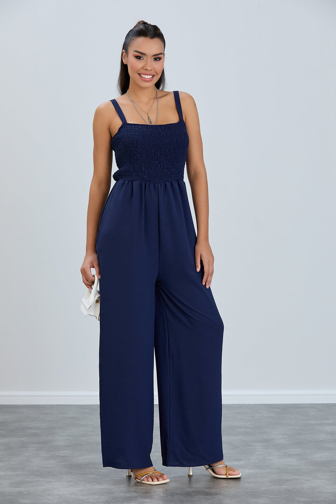 Elasticated Wide Leg Cami Jumpsuit in Navy Blue - jqwholesale.com