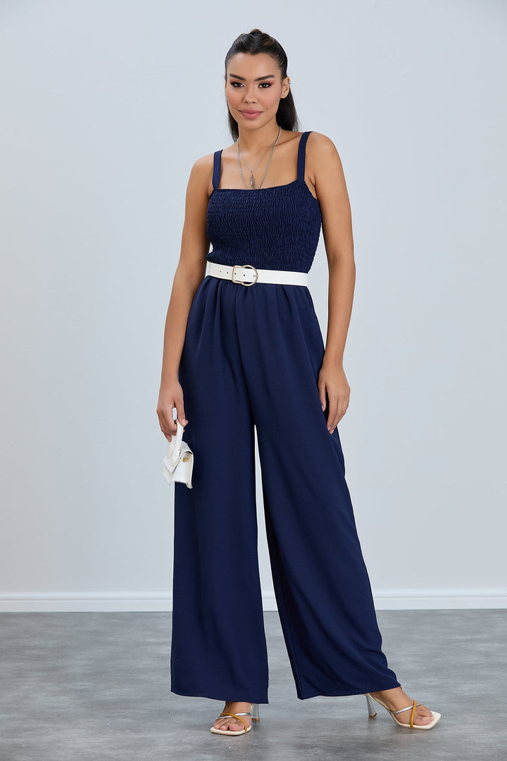 Elasticated Wide Leg Cami Jumpsuit in Navy Blue - jqwholesale.com