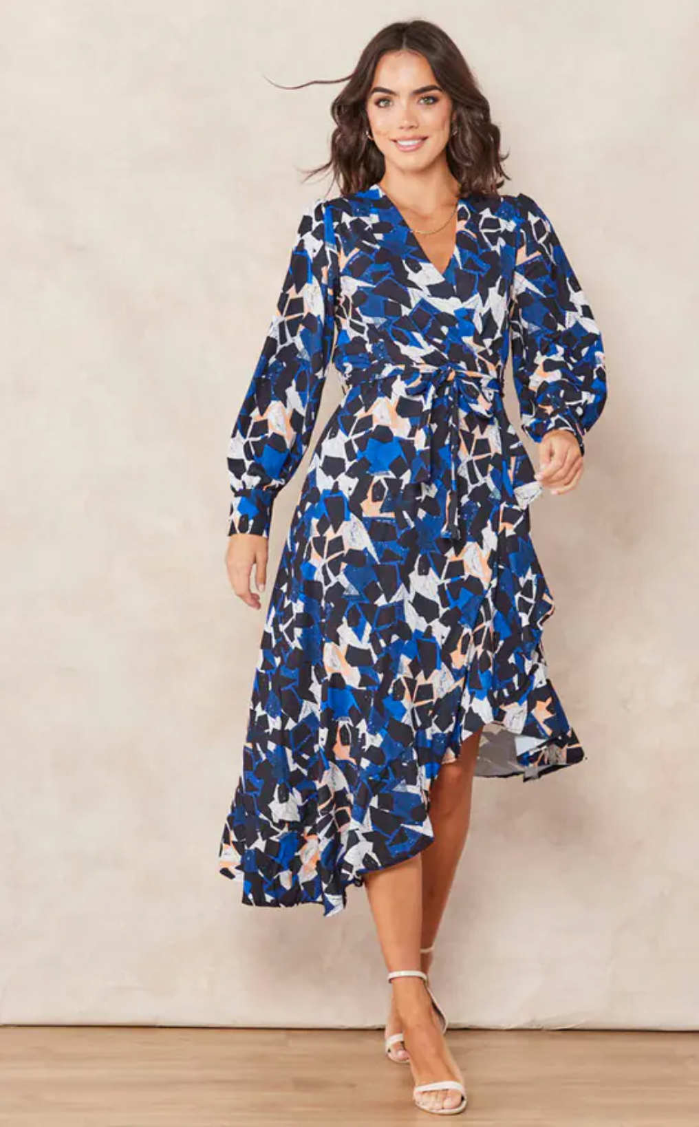 Asymmetrical Ruffle Hem Wrap Midi Dress - jqwholesale.com