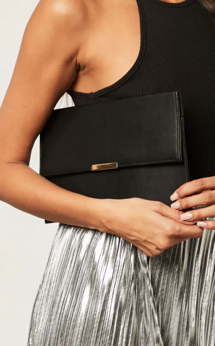 Faux Leather Black Envelope clutch with Gold lock - jqwholesale.com