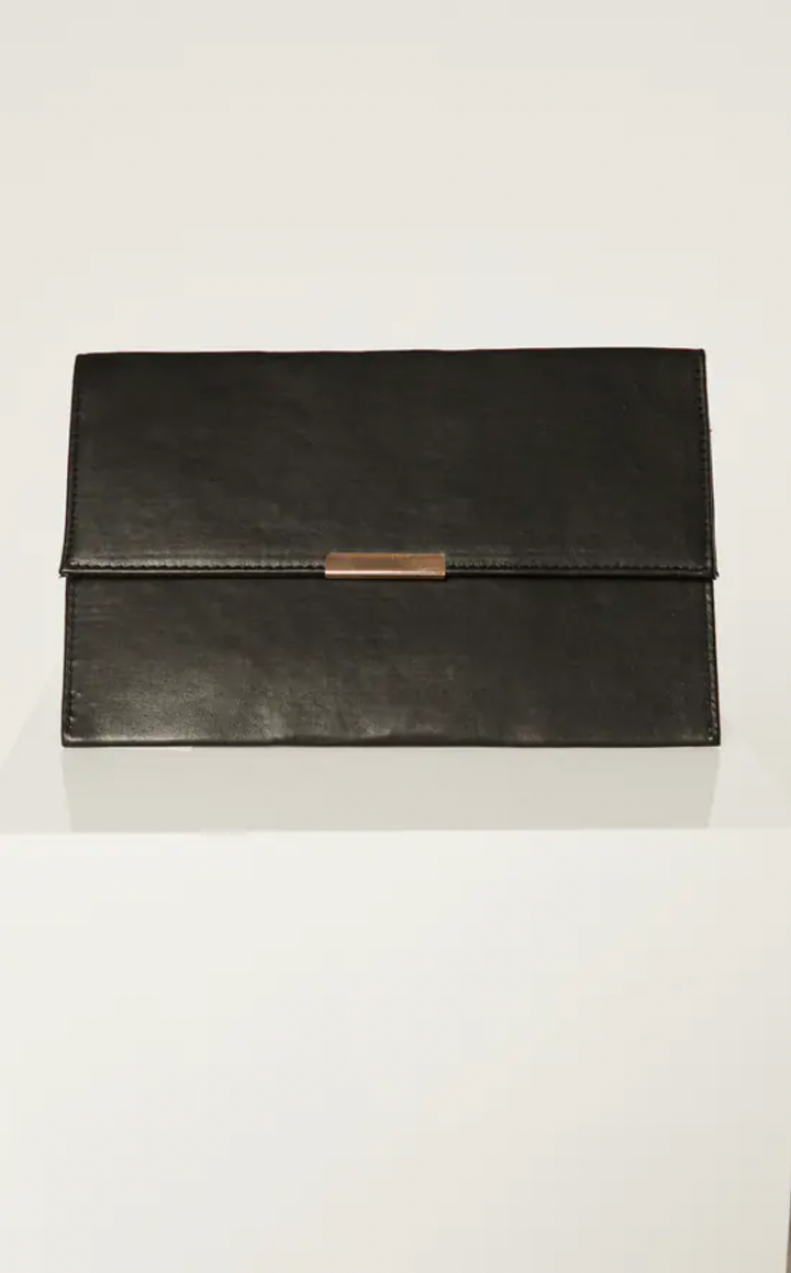 Faux Leather Black Envelope clutch with Gold lock - jqwholesale.com