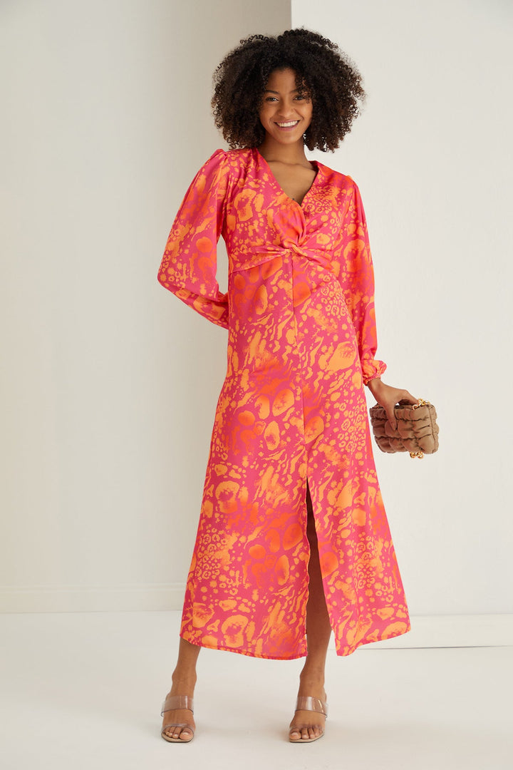 Rita Twist Midi Dress in Orange Leopard print - jqwholesale.com