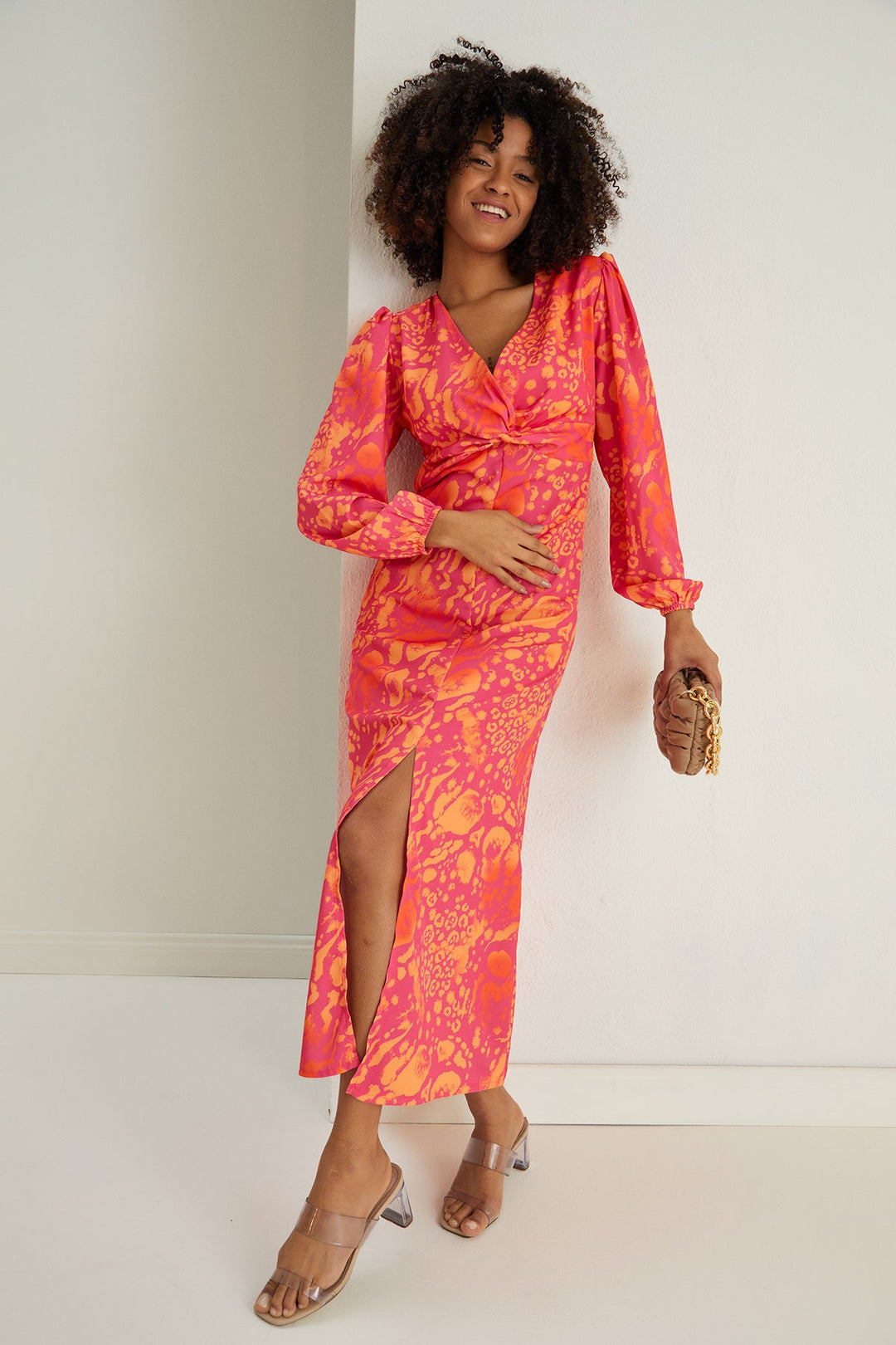 Rita Twist Midi Dress in Orange Leopard print - jqwholesale.com