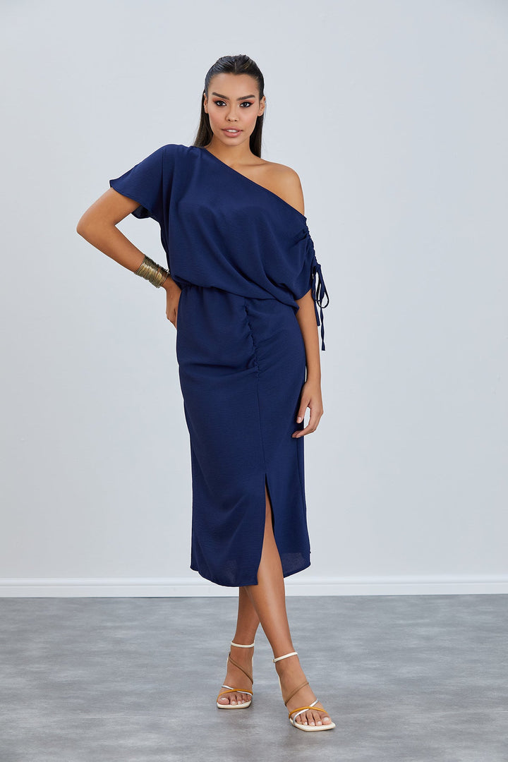 Off Shoulder Drape Midi Dress in Navy - jqwholesale.com