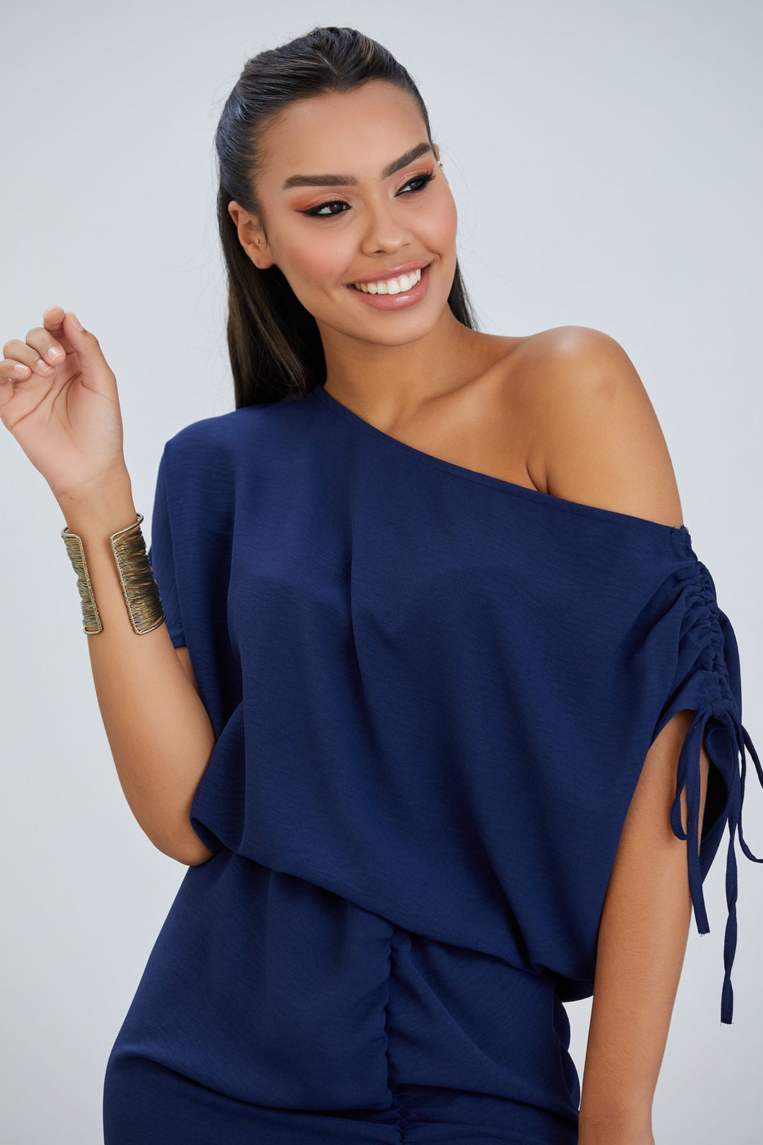 Off Shoulder Drape Midi Dress in Navy - jqwholesale.com