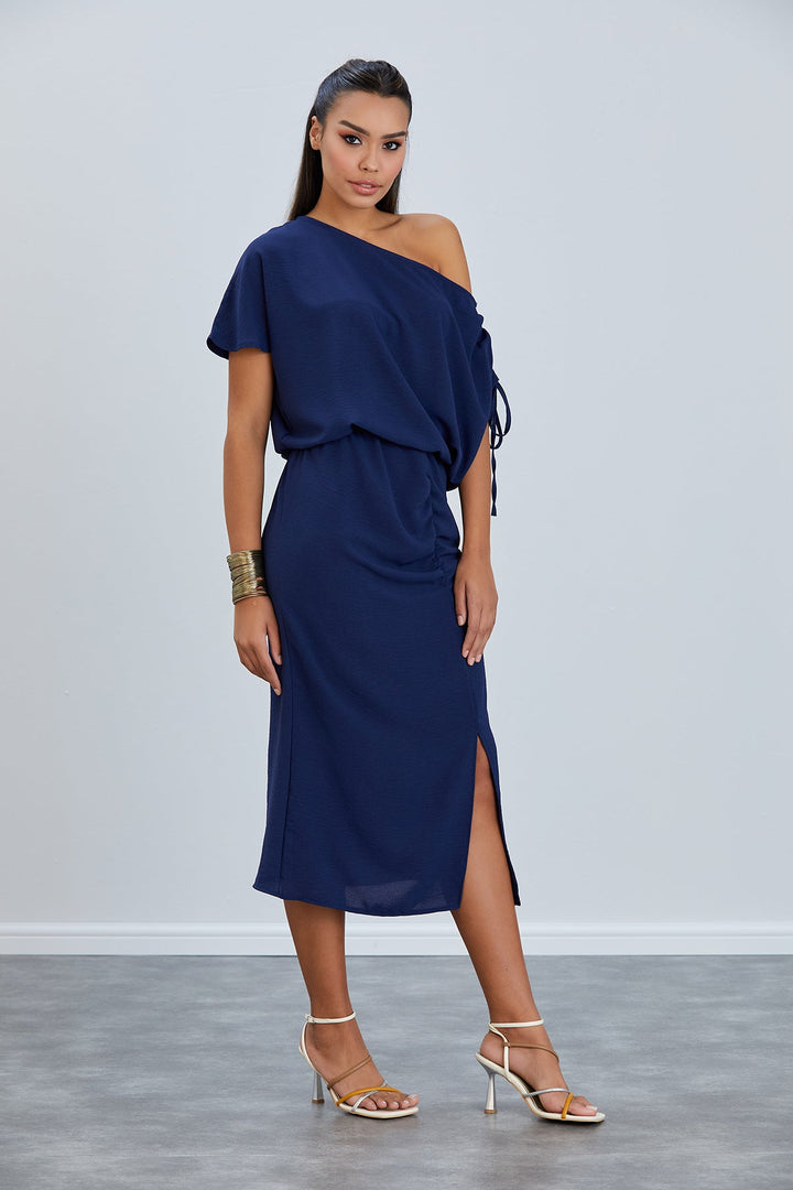 Off Shoulder Drape Midi Dress in Navy - jqwholesale.com