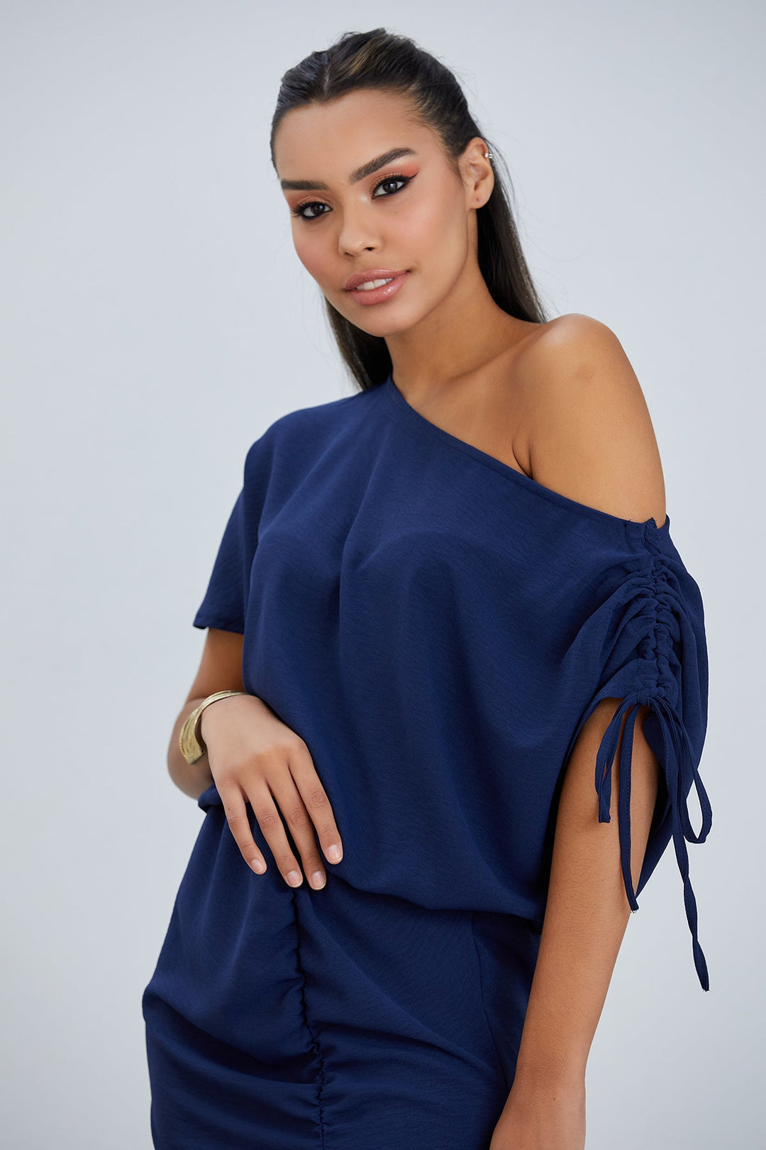 Off Shoulder Drape Midi Dress in Navy - jqwholesale.com