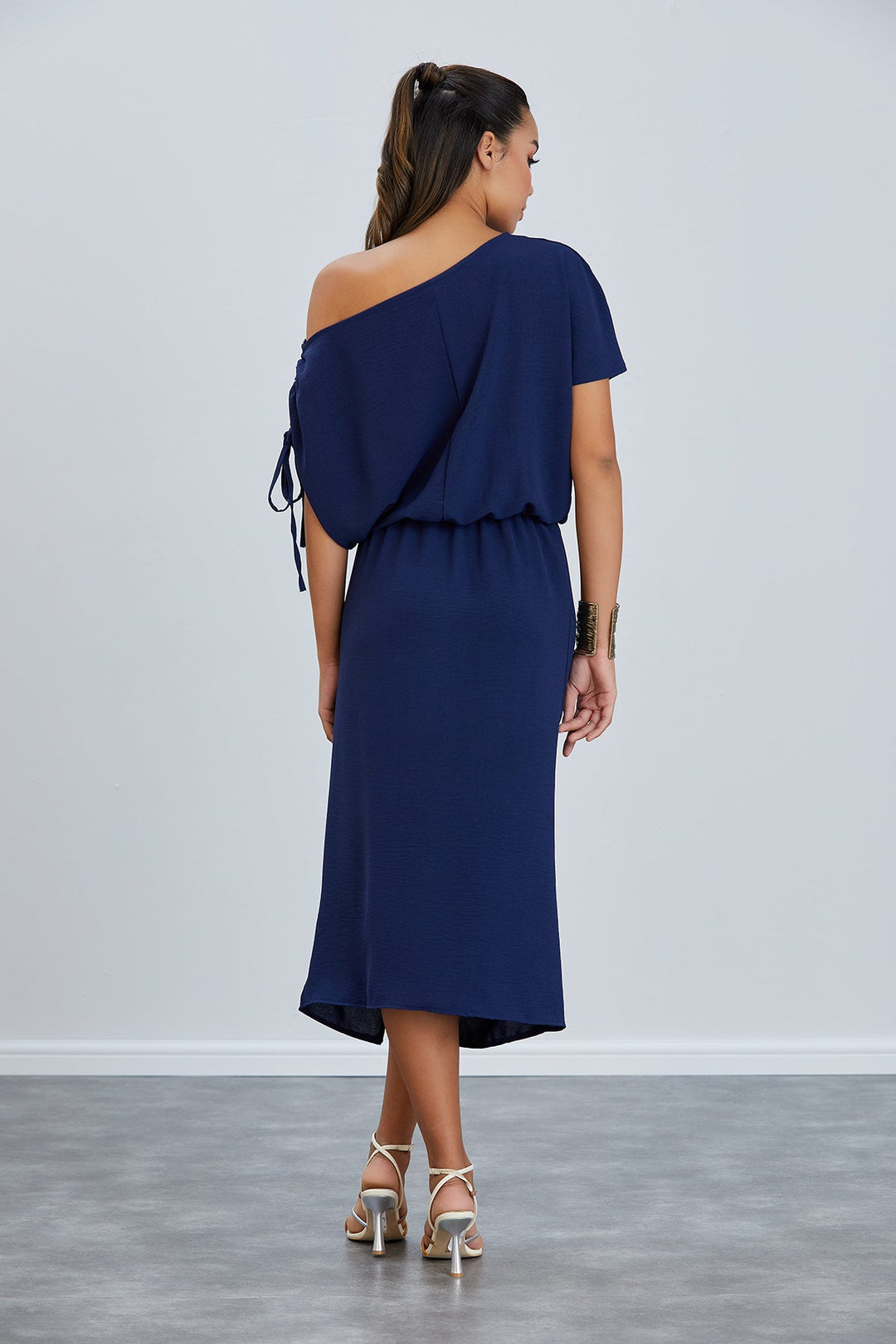 Off Shoulder Drape Midi Dress in Navy - jqwholesale.com