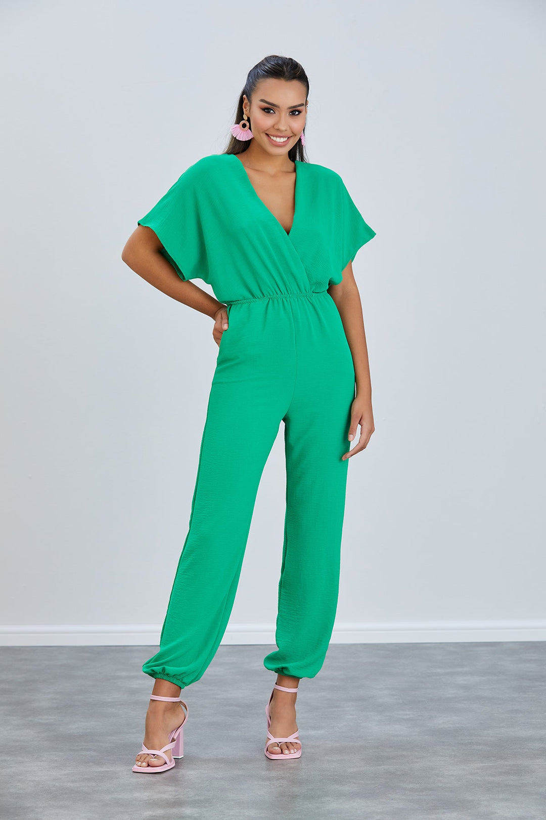 Batwing Sleeve Elasticated Waist Jumpsuit in Green - jqwholesale.com