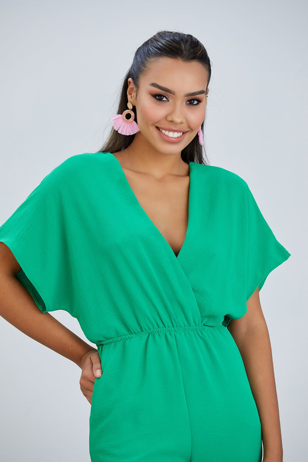 Batwing Sleeve Elasticated Waist Jumpsuit in Green - jqwholesale.com