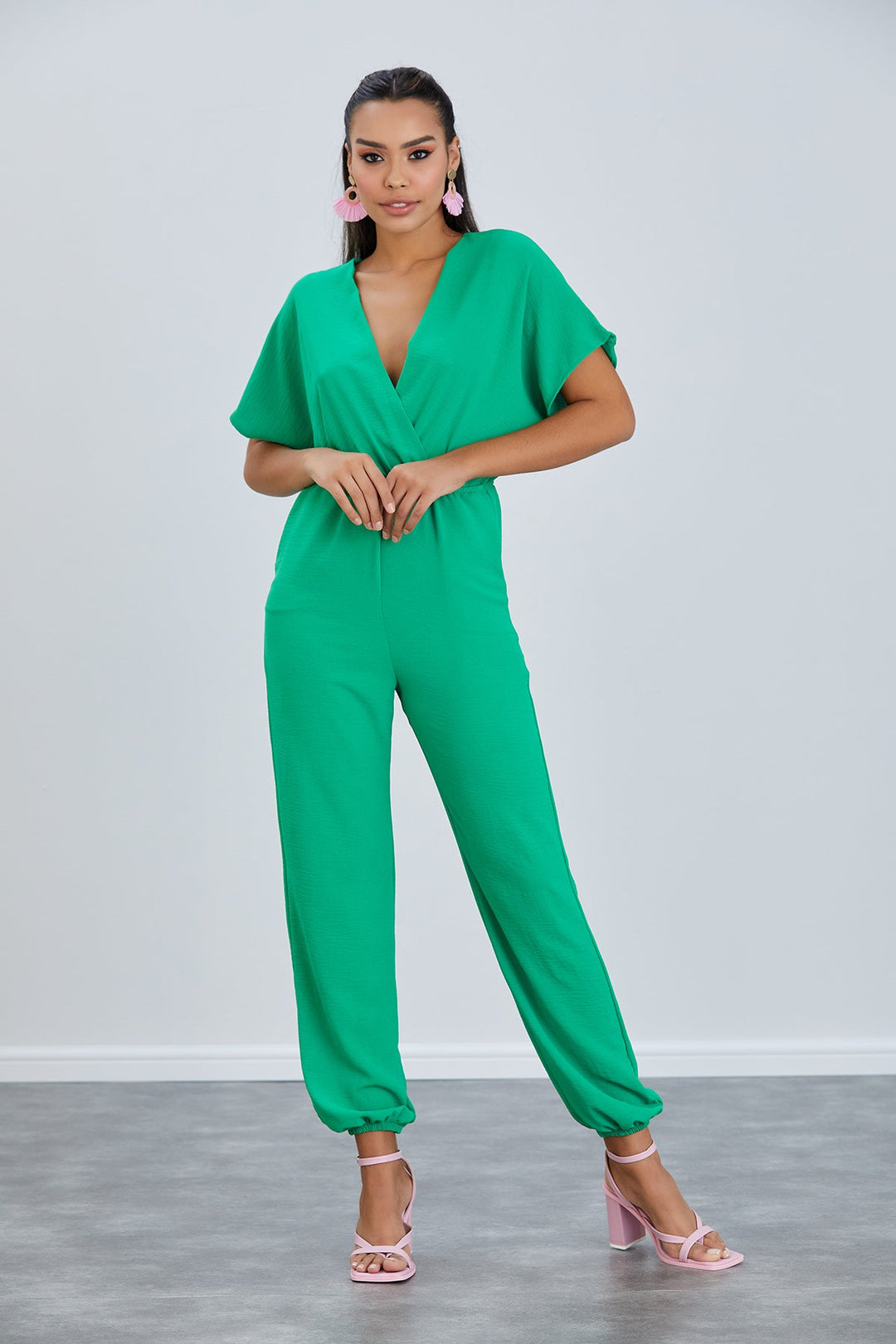 Batwing Sleeve Elasticated Waist Jumpsuit in Green - jqwholesale.com