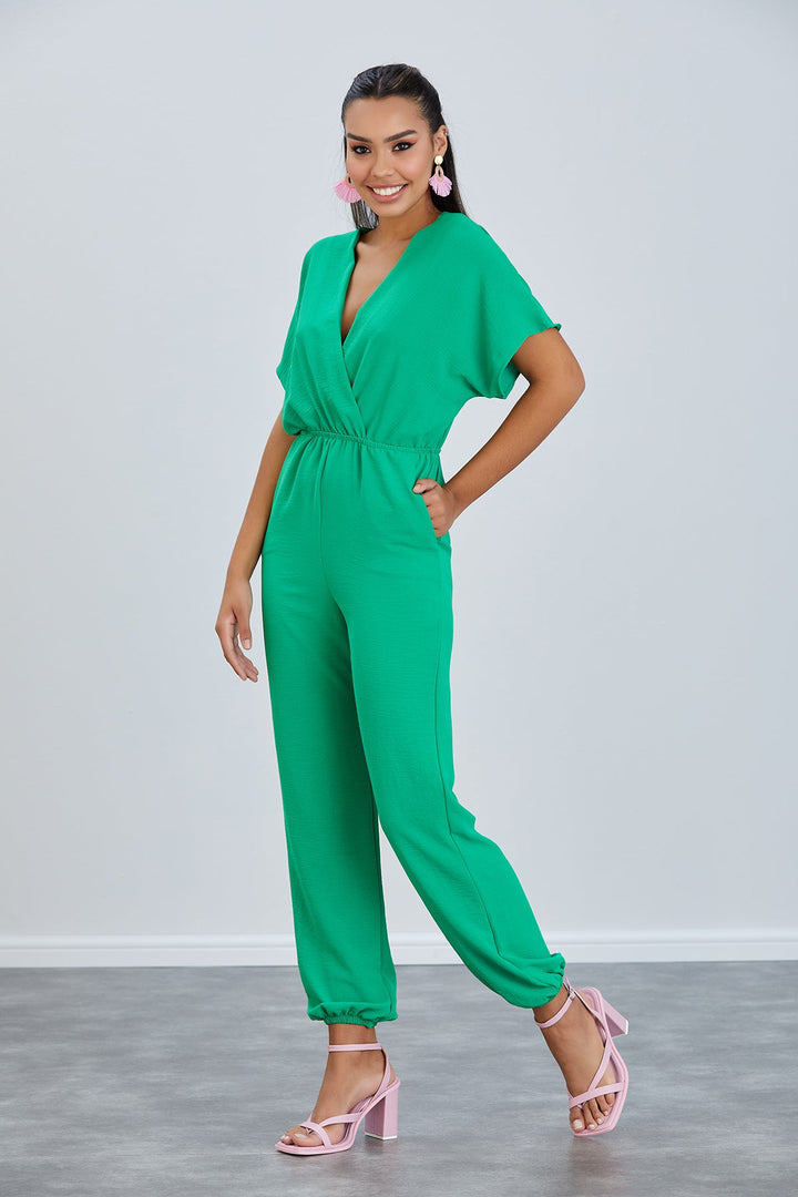 Batwing Sleeve Elasticated Waist Jumpsuit in Green - jqwholesale.com