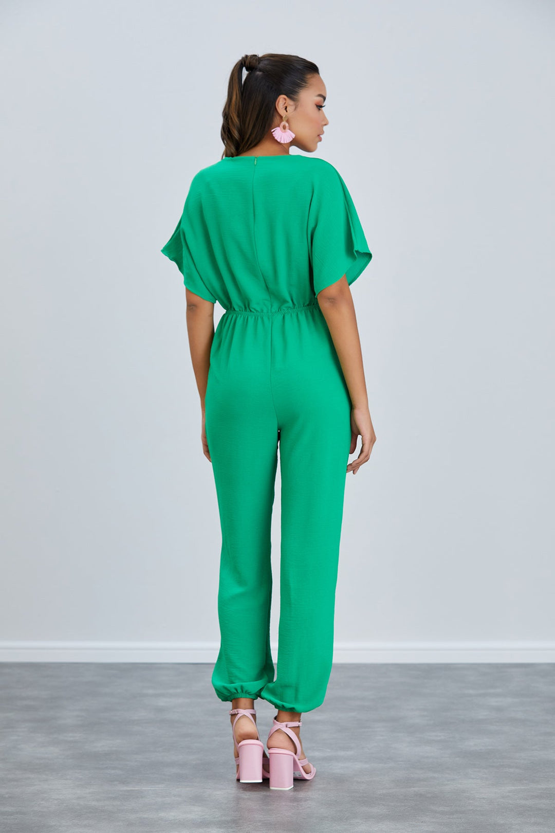 Batwing Sleeve Elasticated Waist Jumpsuit in Green - jqwholesale.com