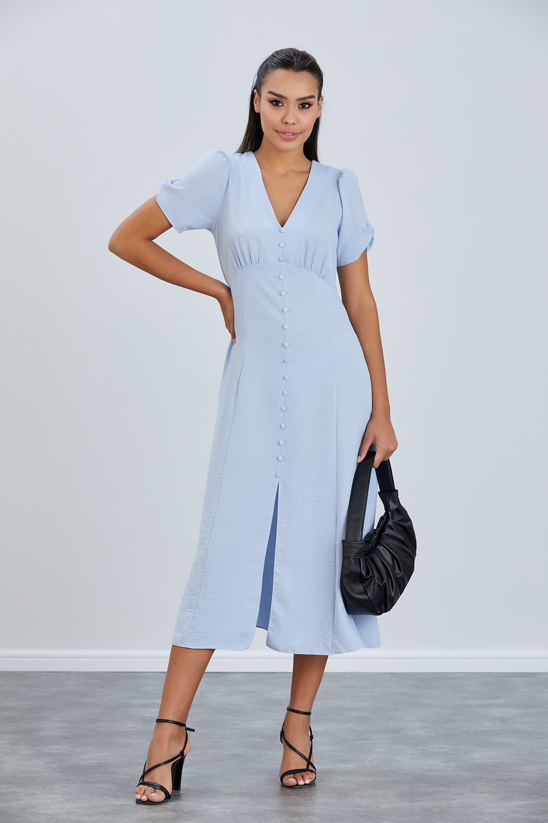 Linen Style Buttoned Shirt Midi Dress in Blue - jqwholesale.com