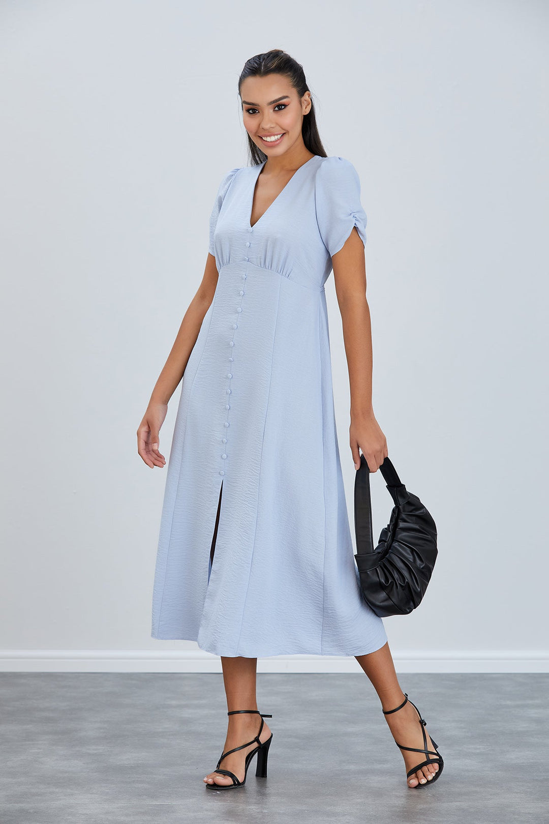 Linen Style Buttoned Shirt Midi Dress in Blue - jqwholesale.com