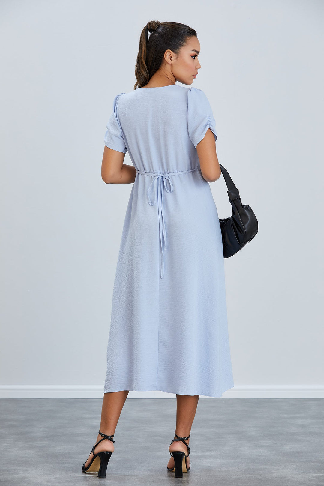 Linen Style Buttoned Shirt Midi Dress in Blue - jqwholesale.com