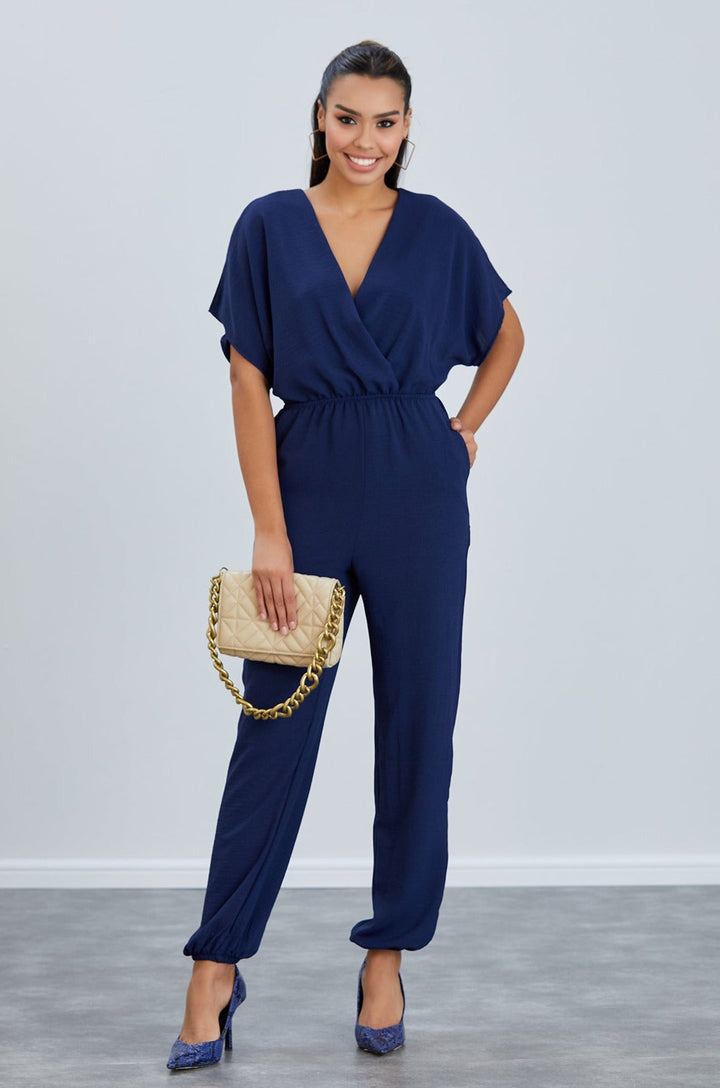 Batwing Sleeve Elasticated Waist Jumpsuit in Navy - jqwholesale.com