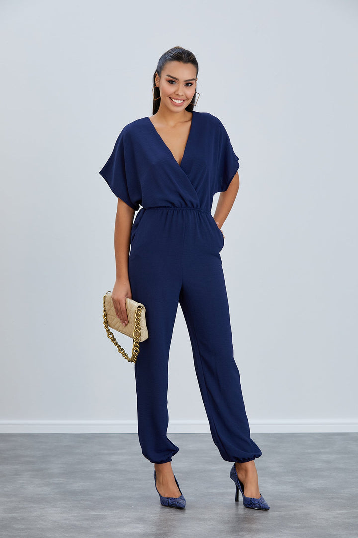 Batwing Sleeve Elasticated Waist Jumpsuit in Navy - jqwholesale.com