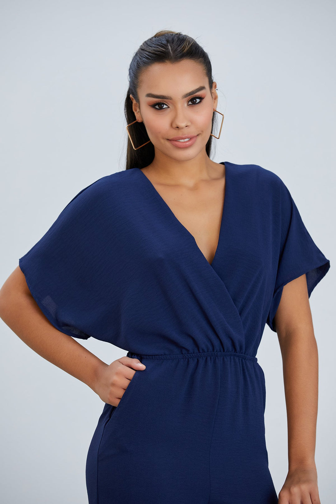 Batwing Sleeve Elasticated Waist Jumpsuit in Navy - jqwholesale.com