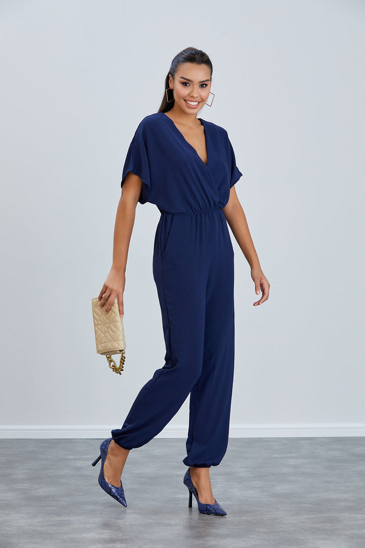 Batwing Sleeve Elasticated Waist Jumpsuit in Navy - jqwholesale.com