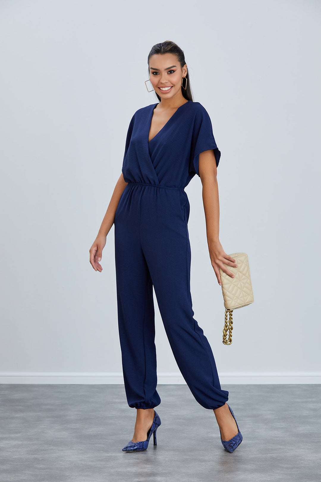 Batwing Sleeve Elasticated Waist Jumpsuit in Navy - jqwholesale.com