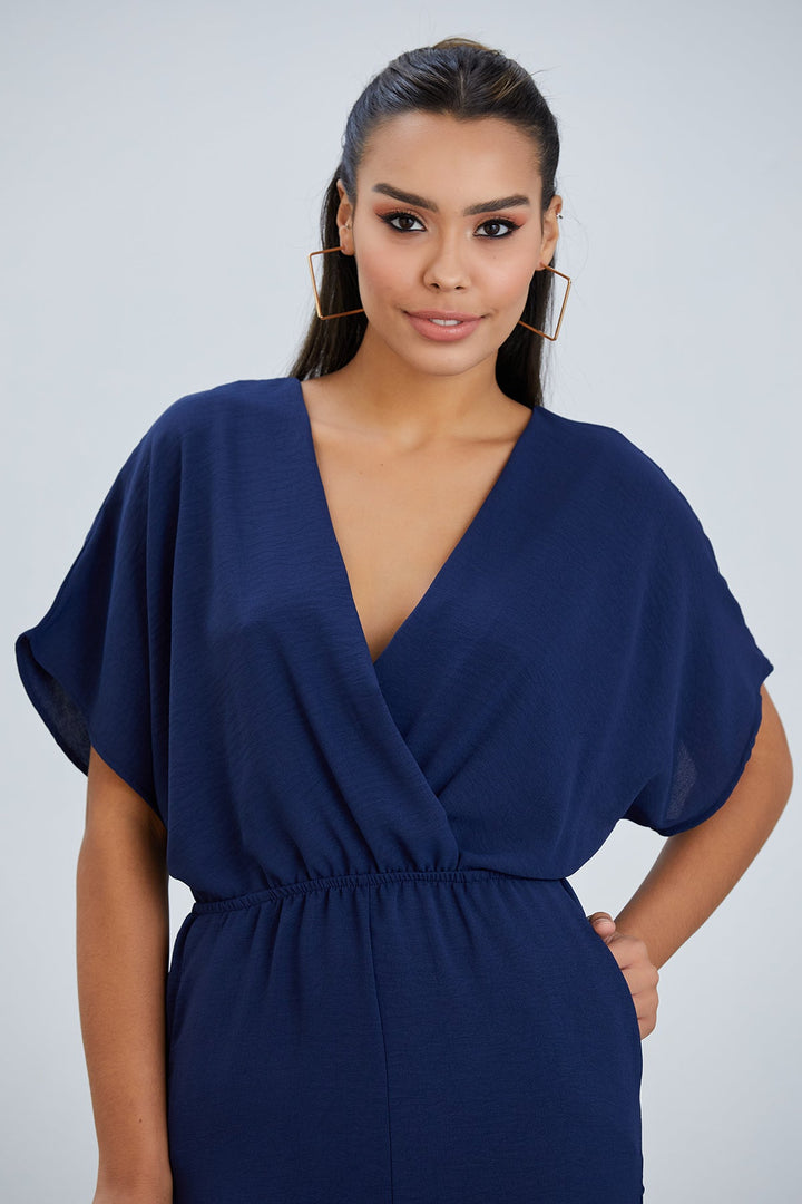 Batwing Sleeve Elasticated Waist Jumpsuit in Navy - jqwholesale.com