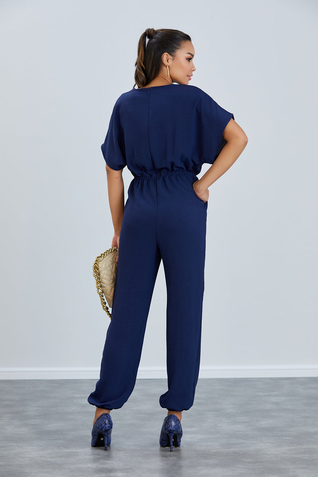 Batwing Sleeve Elasticated Waist Jumpsuit in Navy - jqwholesale.com