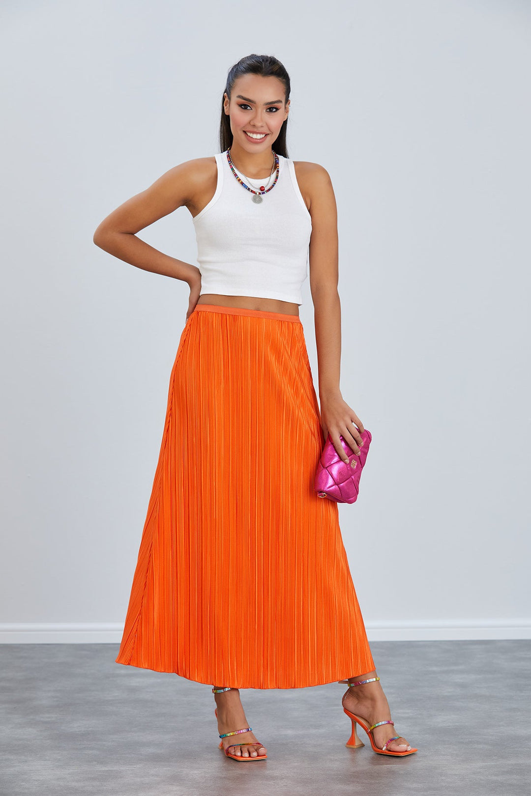 Classic Pleated Midi Skirt in Orange - jqwholesale.com