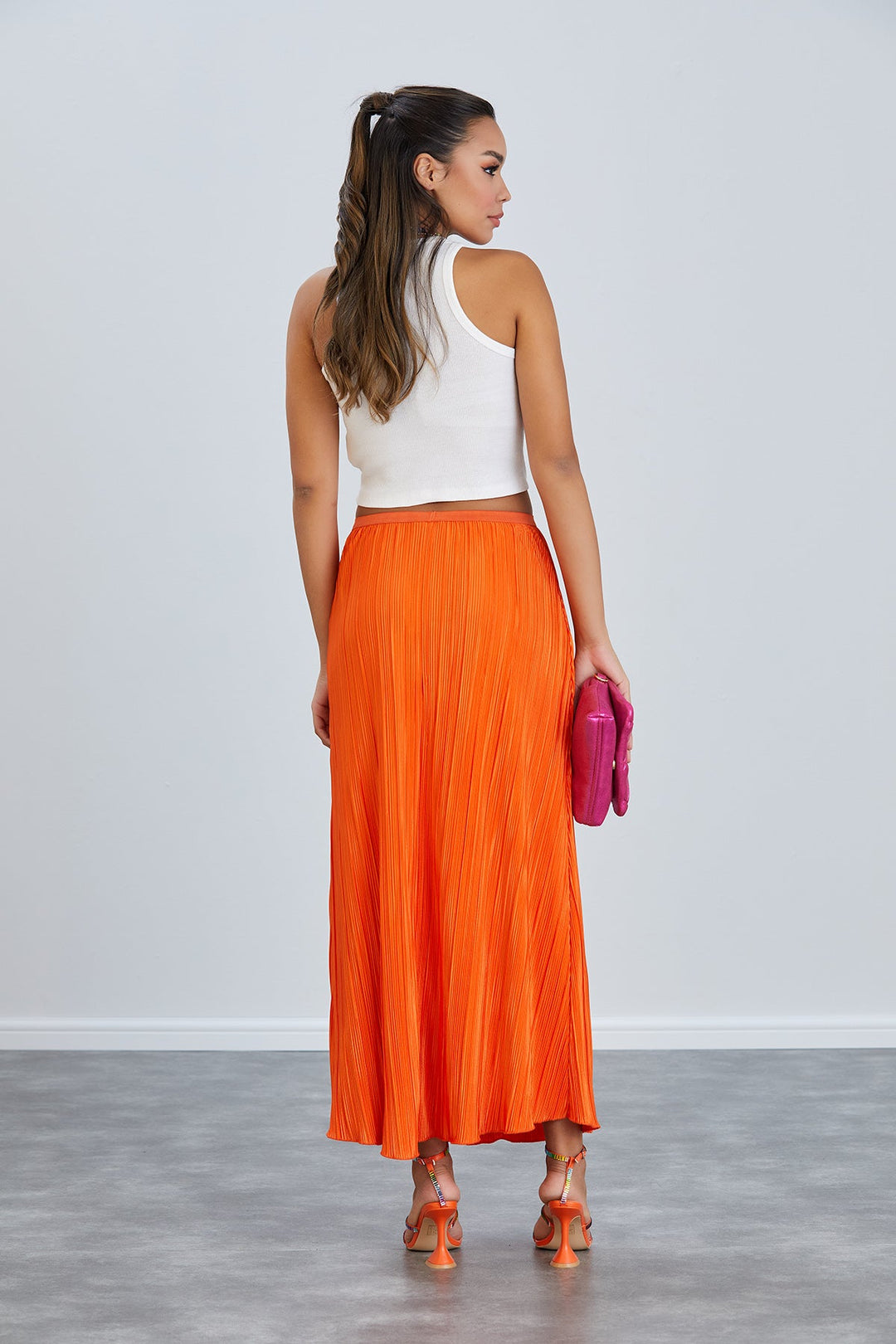 Classic Pleated Midi Skirt in Orange - jqwholesale.com