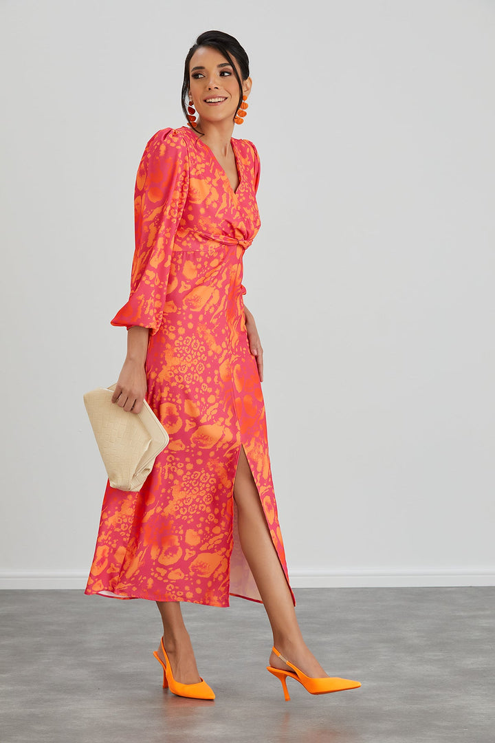 Rita Twist Midi Dress in Orange Leopard print - jqwholesale.com