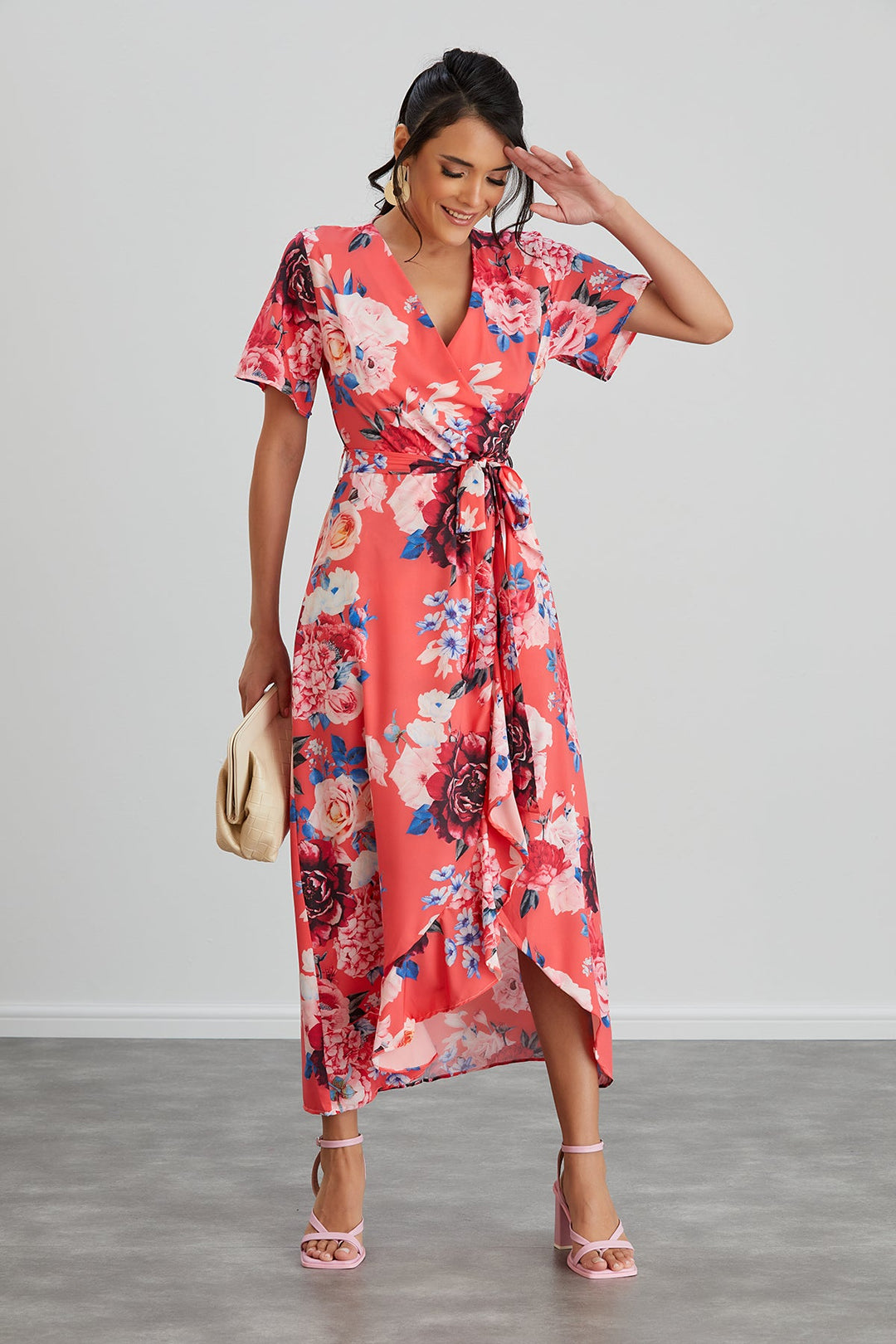 Wrap Midi Frill Skirt Dress in Coral Floral print - jqwholesale.com