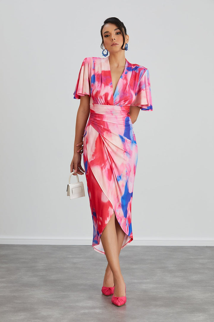 Forever Angel Sleeve Dress in Pink Abstract print - jqwholesale.com