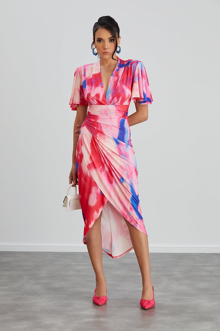 Forever Angel Sleeve Dress in Pink Abstract print - jqwholesale.com