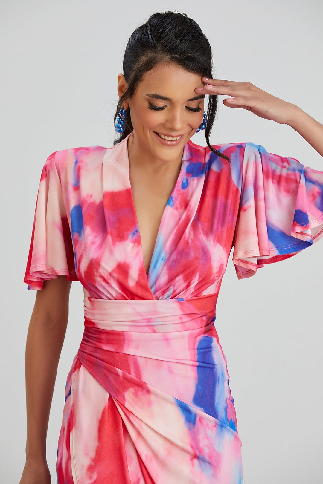 Forever Angel Sleeve Dress in Pink Abstract print - jqwholesale.com