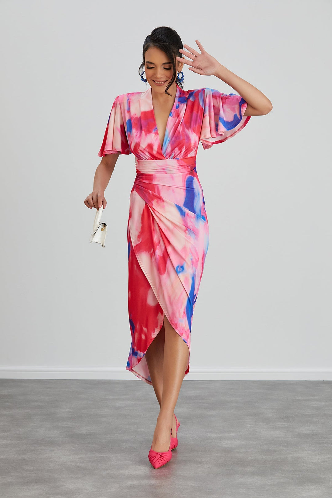 Forever Angel Sleeve Dress in Pink Abstract print - jqwholesale.com