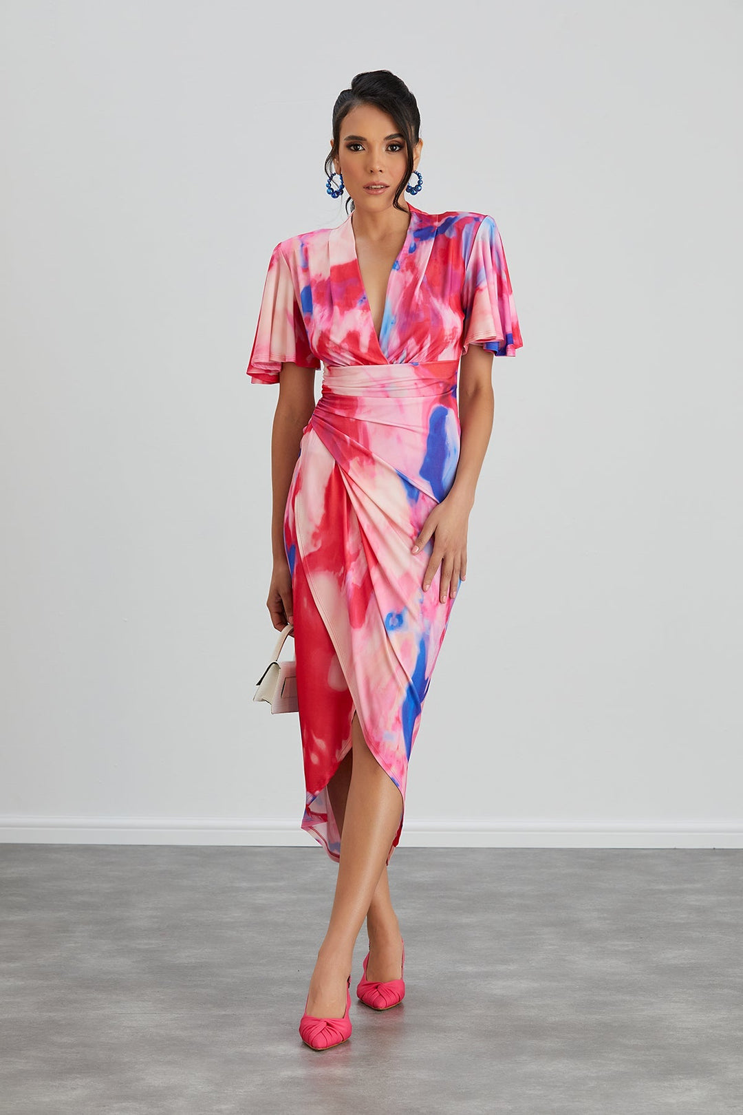 Forever Angel Sleeve Dress in Pink Abstract print - jqwholesale.com