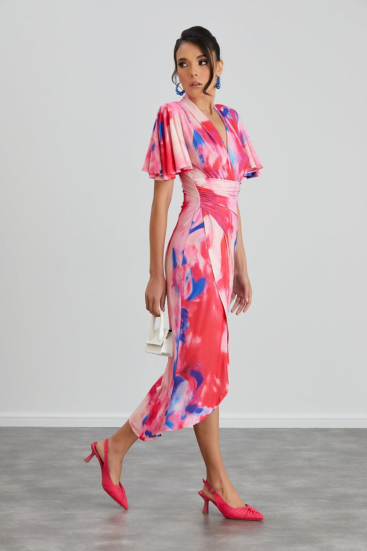 Forever Angel Sleeve Dress in Pink Abstract print - jqwholesale.com