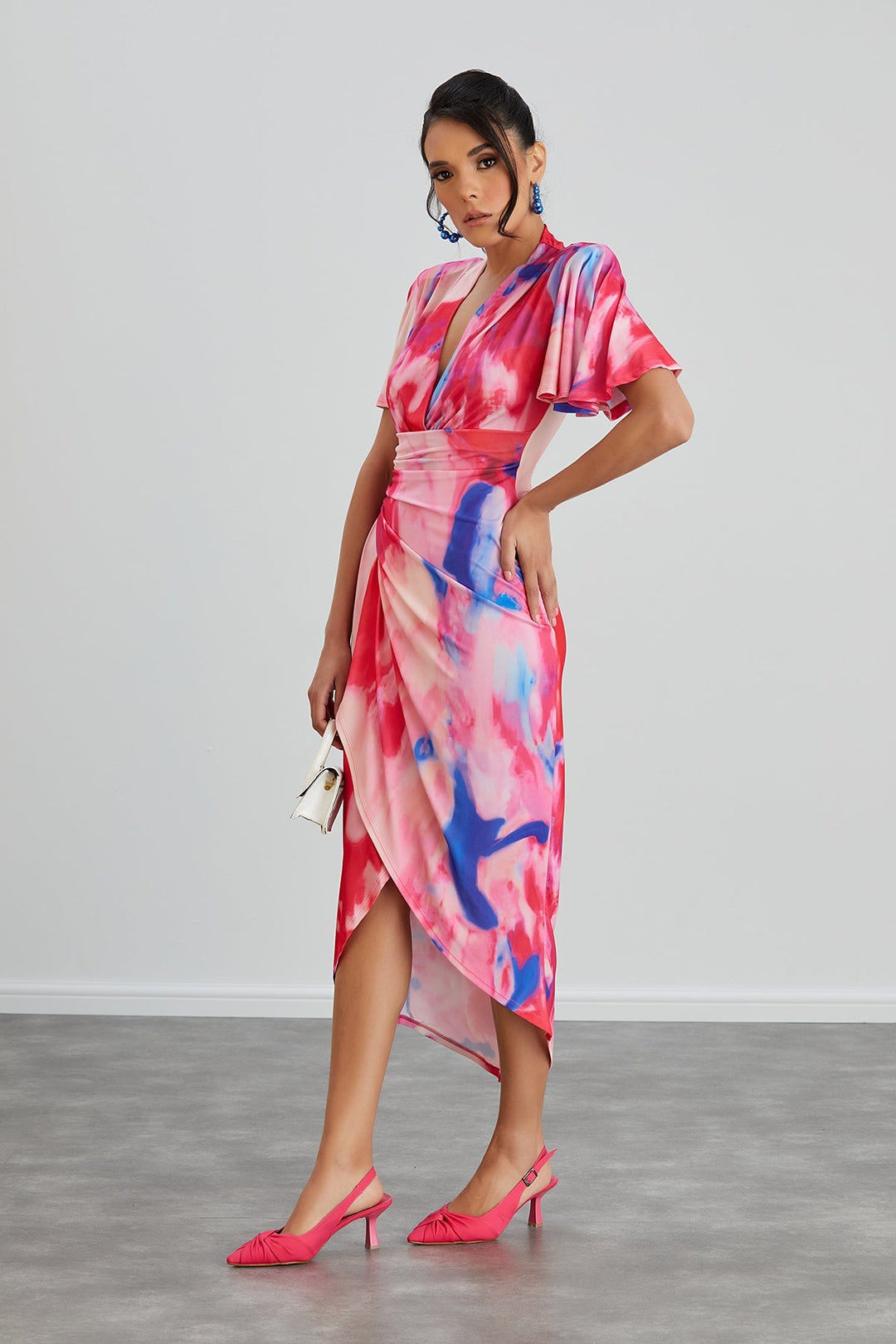 Forever Angel Sleeve Dress in Pink Abstract print - jqwholesale.com