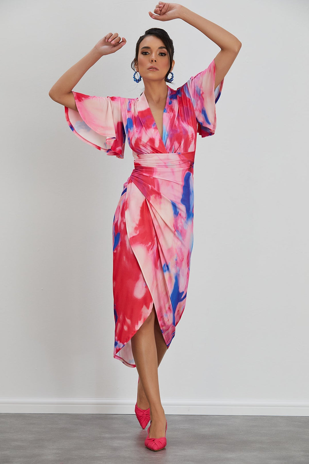 Forever Angel Sleeve Dress in Pink Abstract print - jqwholesale.com