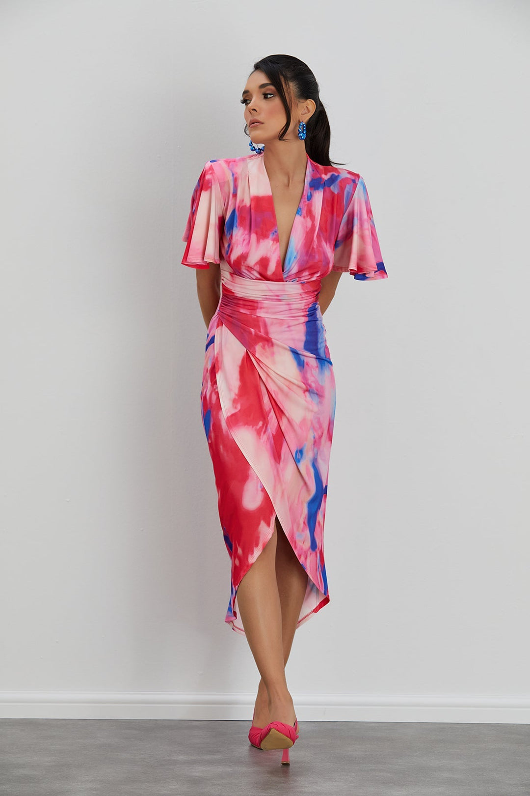 Forever Angel Sleeve Dress in Pink Abstract print - jqwholesale.com